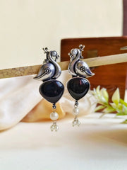 Oxidised Peacock Earrings with Monalisa Stone & Pearl Accents | Dynamic Jewelove