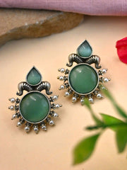 Oxidised Silver Monalisa Stone Stud Earrings with Classy Design | Dynamic Jewelove