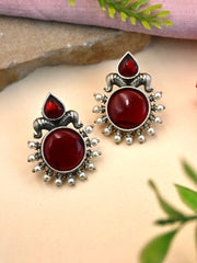 Oxidised Silver Monalisa Stone Stud Earrings with Classy Design | Dynamic Jewelove