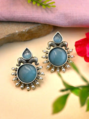 Oxidised Silver Monalisa Stone Stud Earrings with Classy Design | Dynamic Jewelove