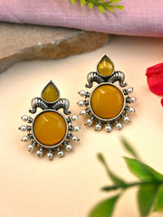 Oxidised Silver Monalisa Stone Stud Earrings with Classy Design | Dynamic Jewelove