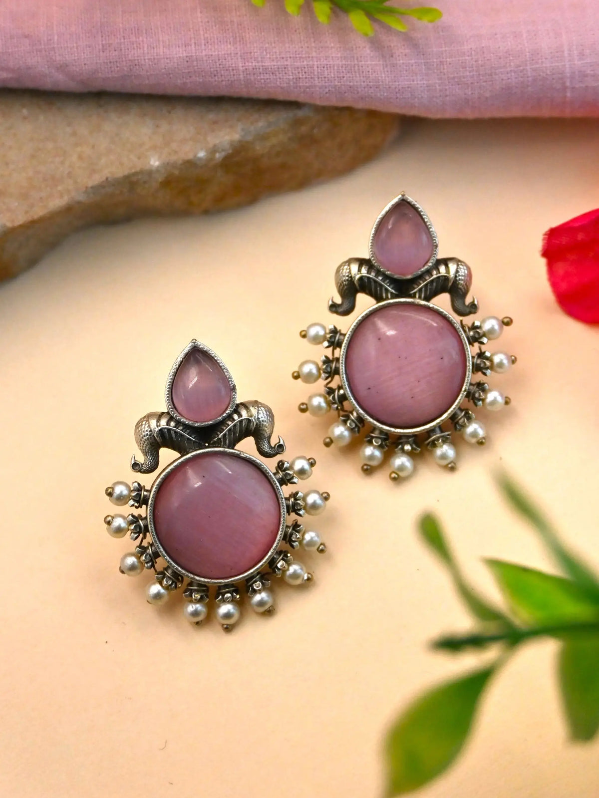 Oxidised Silver Monalisa Stone Stud Earrings with Classy Design | Dynamic Jewelove