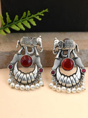 Broad Elephant Earrings with Monalisa Stone & Pearl Drops | Dynamic Jewelove