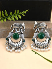 Broad Elephant Earrings with Monalisa Stone & Pearl Drops | Dynamic Jewelove