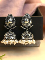 Elegant German Silver Pearl Jhumka Earrings with Intricate Floral Design | Dynamic Jewelove