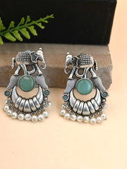 Broad Elephant Earrings with Monalisa Stone & Pearl Drops | Dynamic Jewelove