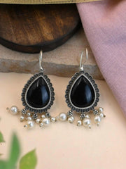 Oxidised Silver Pan-Shaped Monalisa Pearl Hook Earrings | Dynamic Jewelove