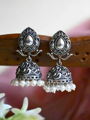 Elegant German Silver Pearl Jhumka Earrings with Intricate Floral Design | Dynamic Jewelove