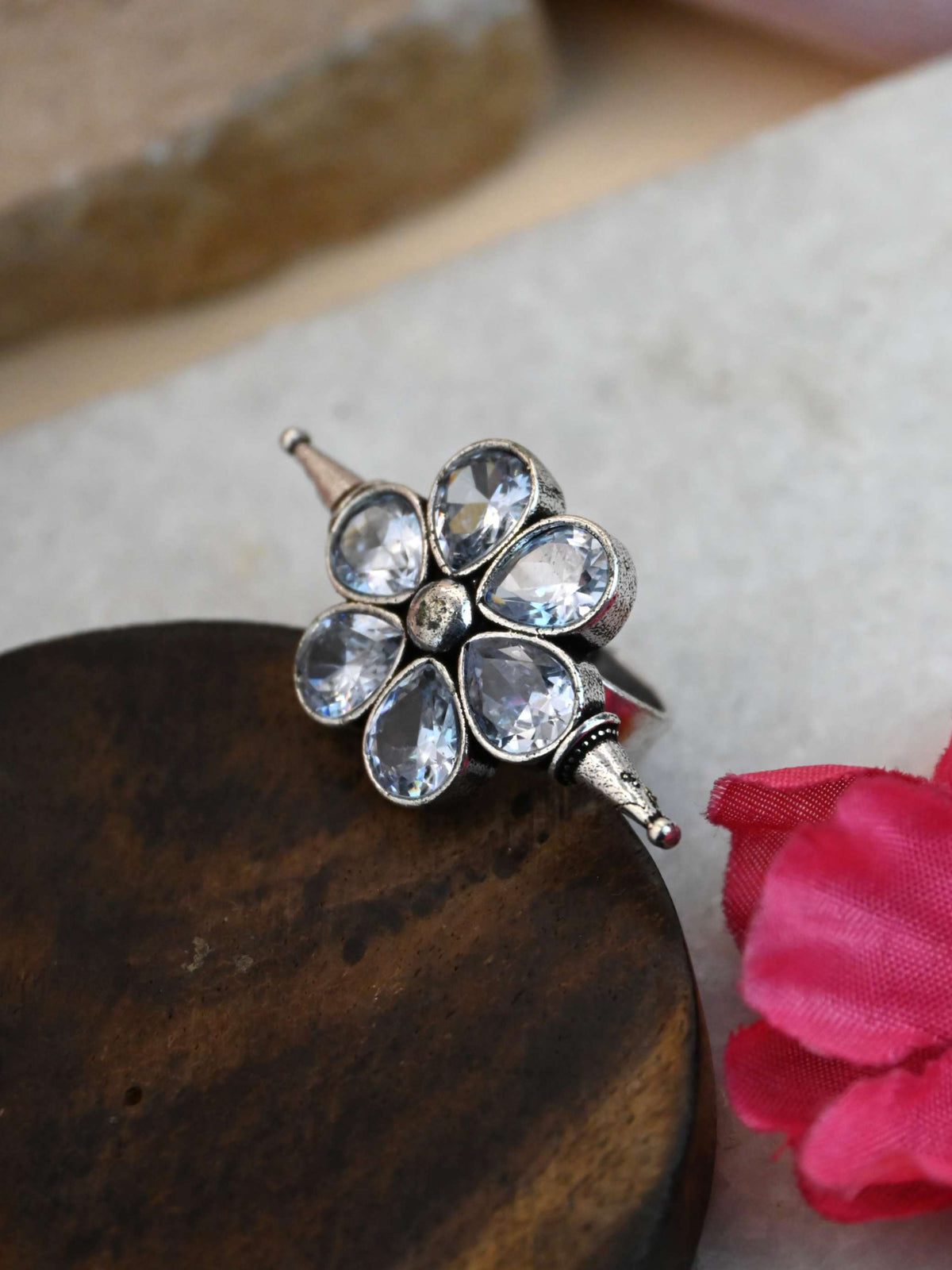 Flower shape  Stone Studded adjustable Finger Ring