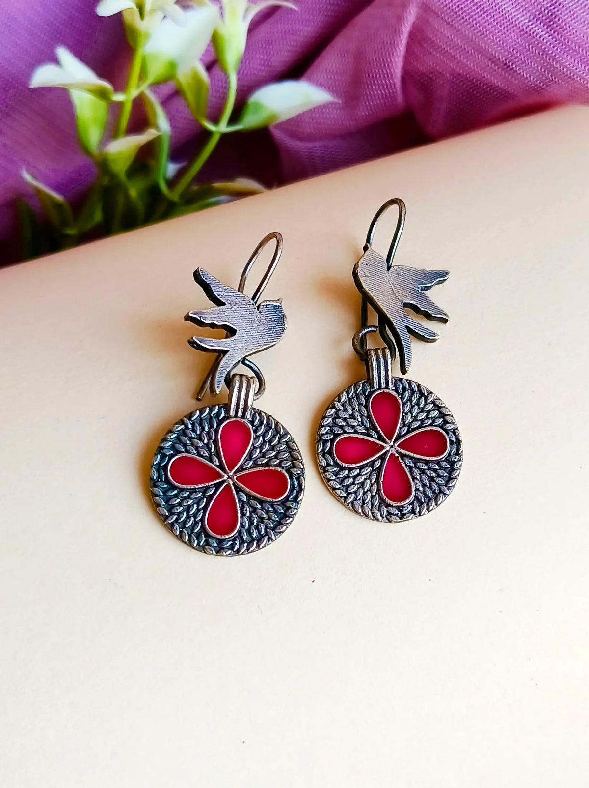 Silver Replica Enamel Hand-Painted Bird Hook Earrings | Dynamic Jewelove