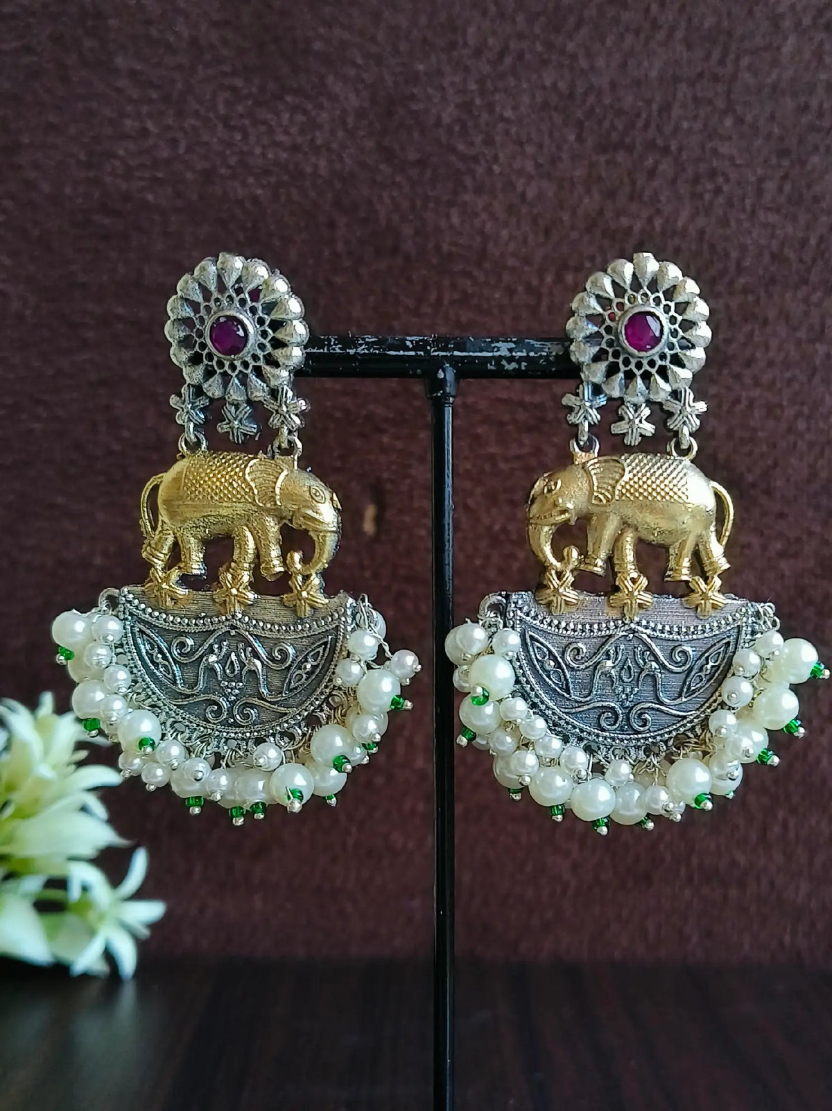 Royal Two-Tone Elephant Pearl Dangler Earrings for Festive Glam | Dynamic Jewelove