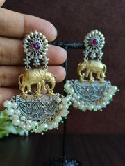 Royal Two-Tone Elephant Pearl Dangler Earrings for Festive Glam | Dynamic Jewelove