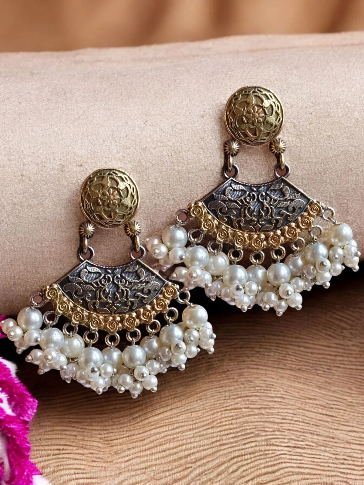 Silver & Golden Dual-Tone Dangler Earrings with Pearl Drops | Dynamic Jewelove