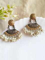 Silver & Golden Dual-Tone Dangler Earrings with Pearl Drops | Dynamic Jewelove