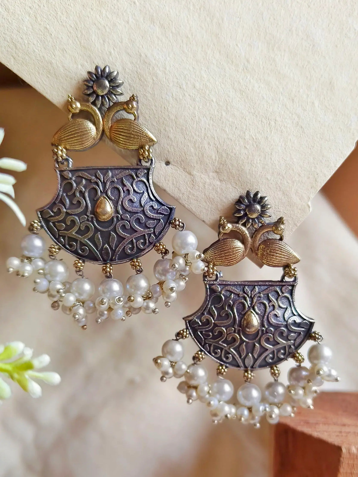 Dual-Tone Antique Dangler Earrings with Elegant Pearl Drops | Dynamic Jewelove