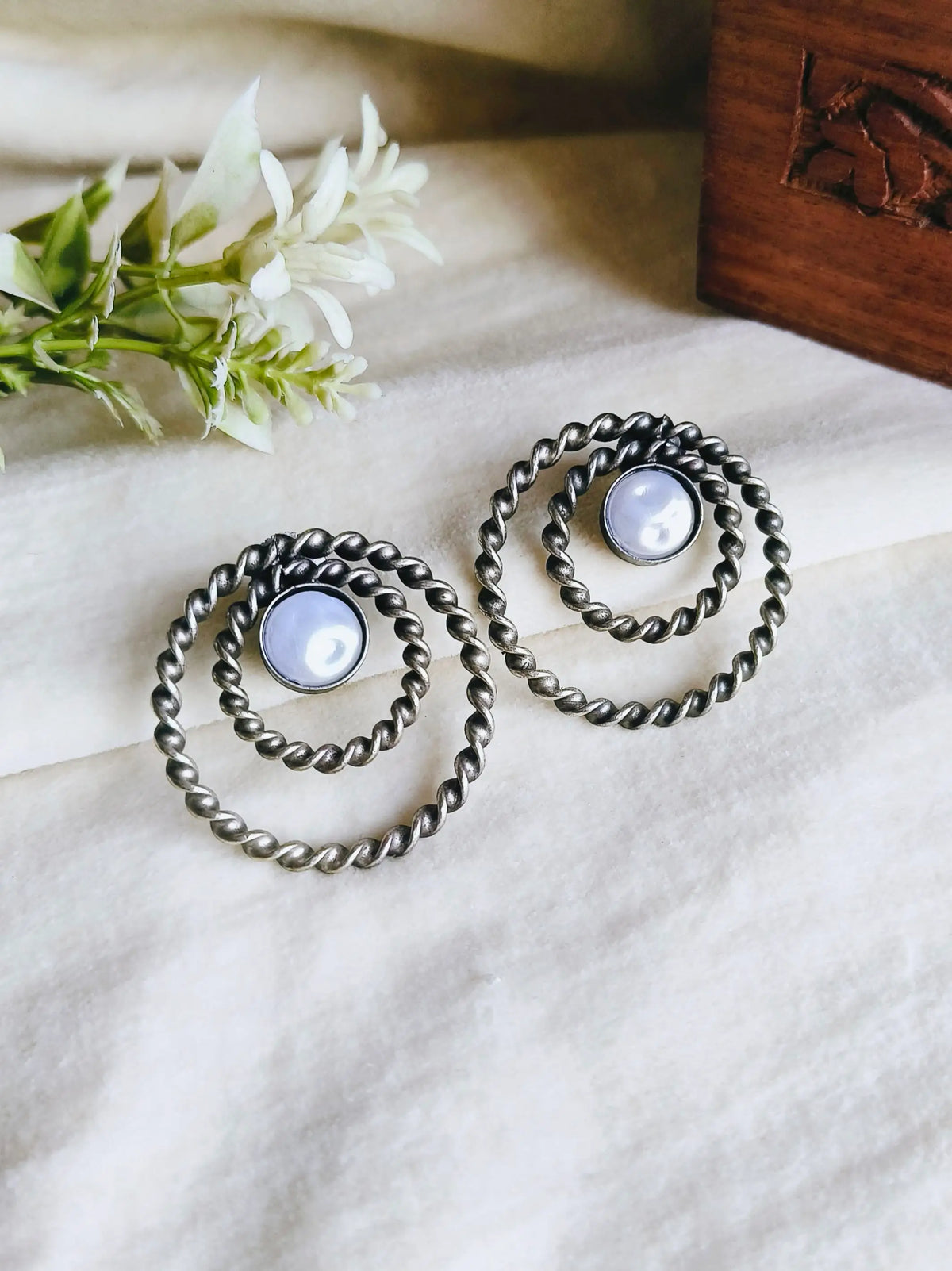 Handmade Antique Pearl Stud Earrings – Silver-Tone Elegance for Daily Wear | Dynamic Jewelove