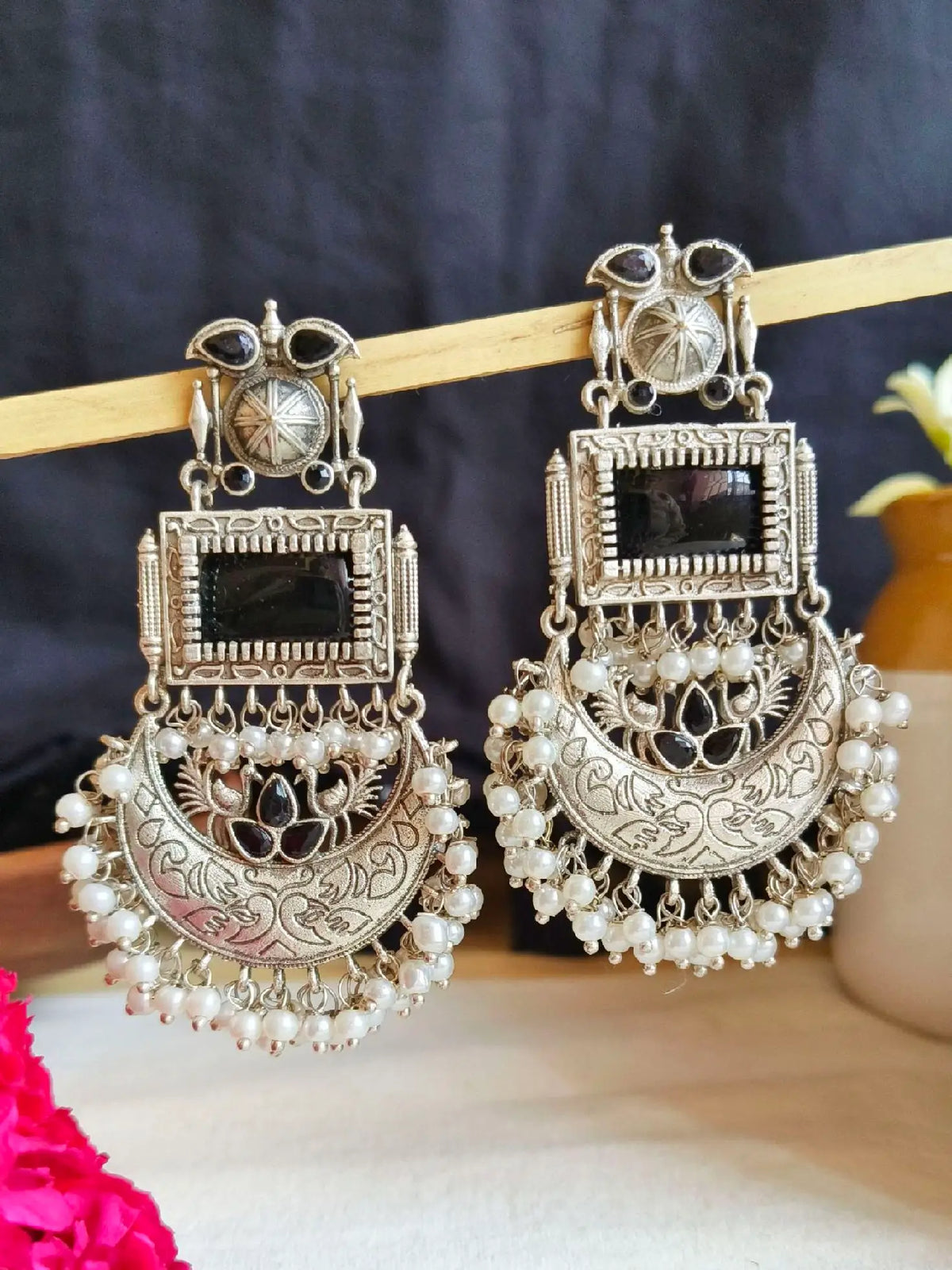 Silver Look-Alike Monalisa & Pearl Dangler Earrings – Ethnic Elegance! | Dynamic Jewelove