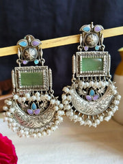 Silver Look-Alike Monalisa & Pearl Dangler Earrings – Ethnic Elegance! | Dynamic Jewelove