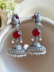 Traditional Silver Replica Peacock Jhumka Earrings with Monalisa Stone | Dynamic Jewelove