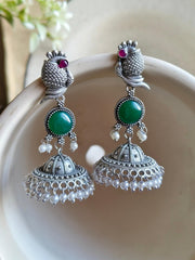 Traditional Silver Replica Peacock Jhumka Earrings with Monalisa Stone | Dynamic Jewelove