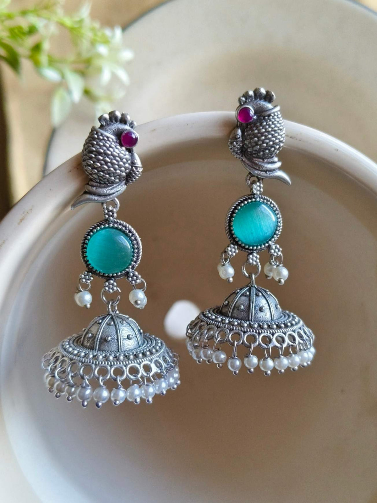 Traditional Silver Replica Peacock Jhumka Earrings with Monalisa Stone | Dynamic Jewelove