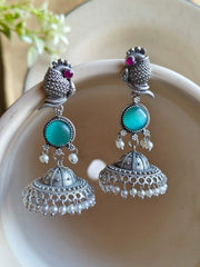 Traditional Silver Replica Peacock Jhumka Earrings with Monalisa Stone | Dynamic Jewelove