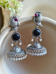 Traditional Silver Replica Peacock Jhumka Earrings with Monalisa Stone | Dynamic Jewelove