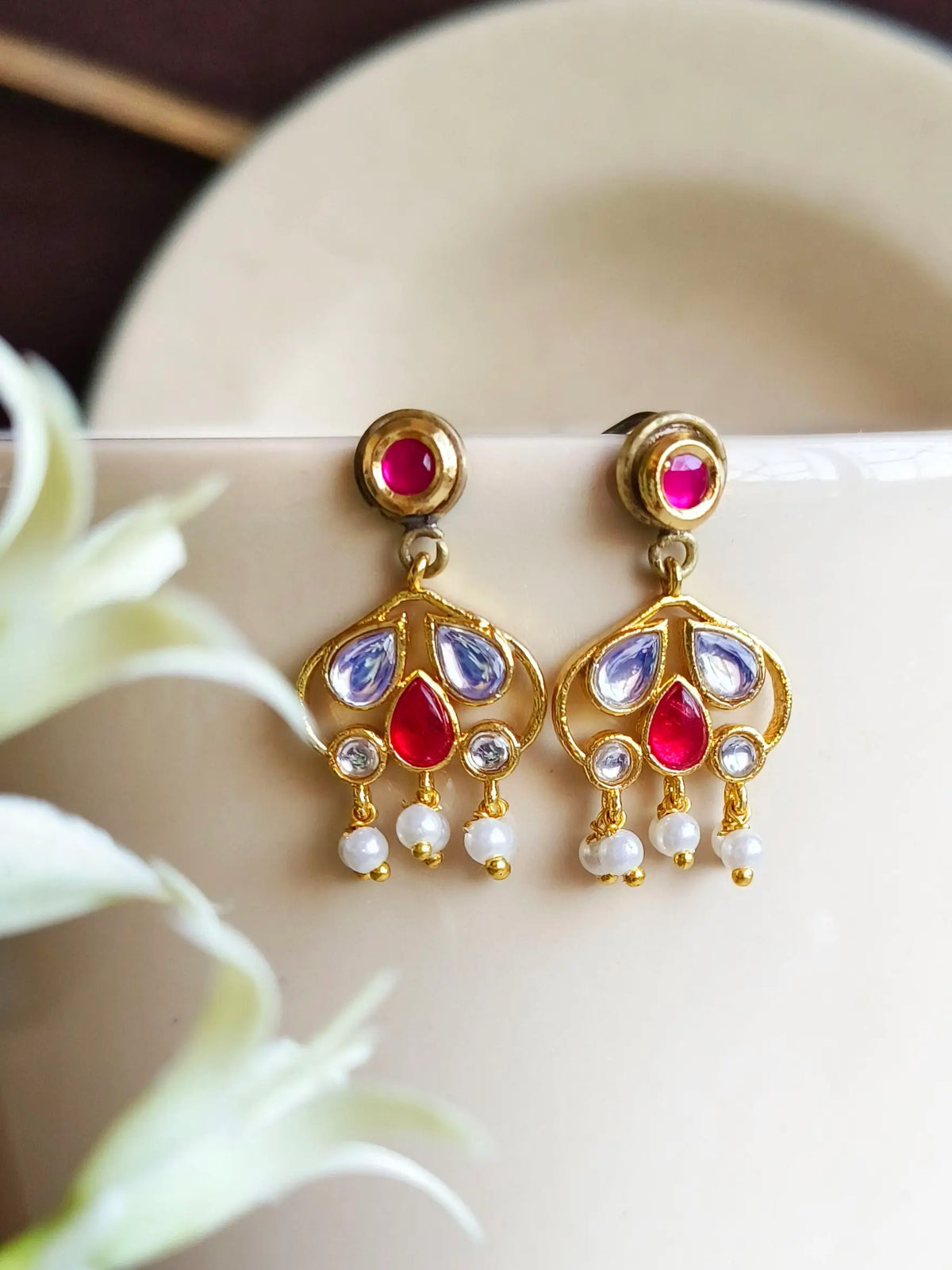 Gold-Plated Kundan & Polki Dangler Earrings for Daily Wear | Dynamic Jewelove