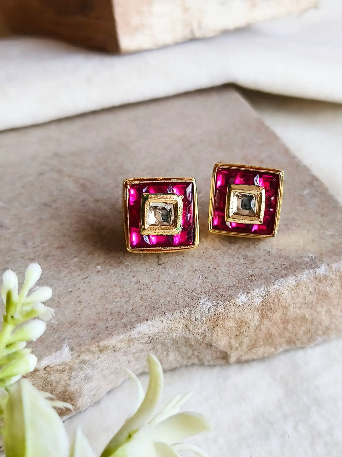 Elegant Gold-Plated Kundan Square Stud Earrings for Every Occasion | Dynamic Jewelove