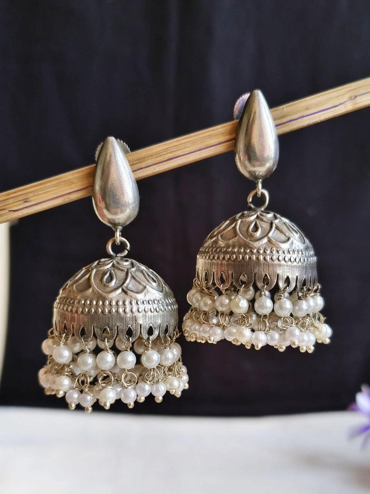 Lightweight Silver-Tone Pearl Jhumka Earrings – Traditional Elegance | Dynamic Jewelove