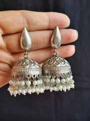 Lightweight Silver-Tone Pearl Jhumka Earrings – Traditional Elegance | Dynamic Jewelove