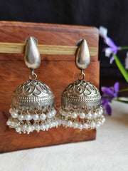 Lightweight Silver-Tone Pearl Jhumka Earrings – Traditional Elegance | Dynamic Jewelove