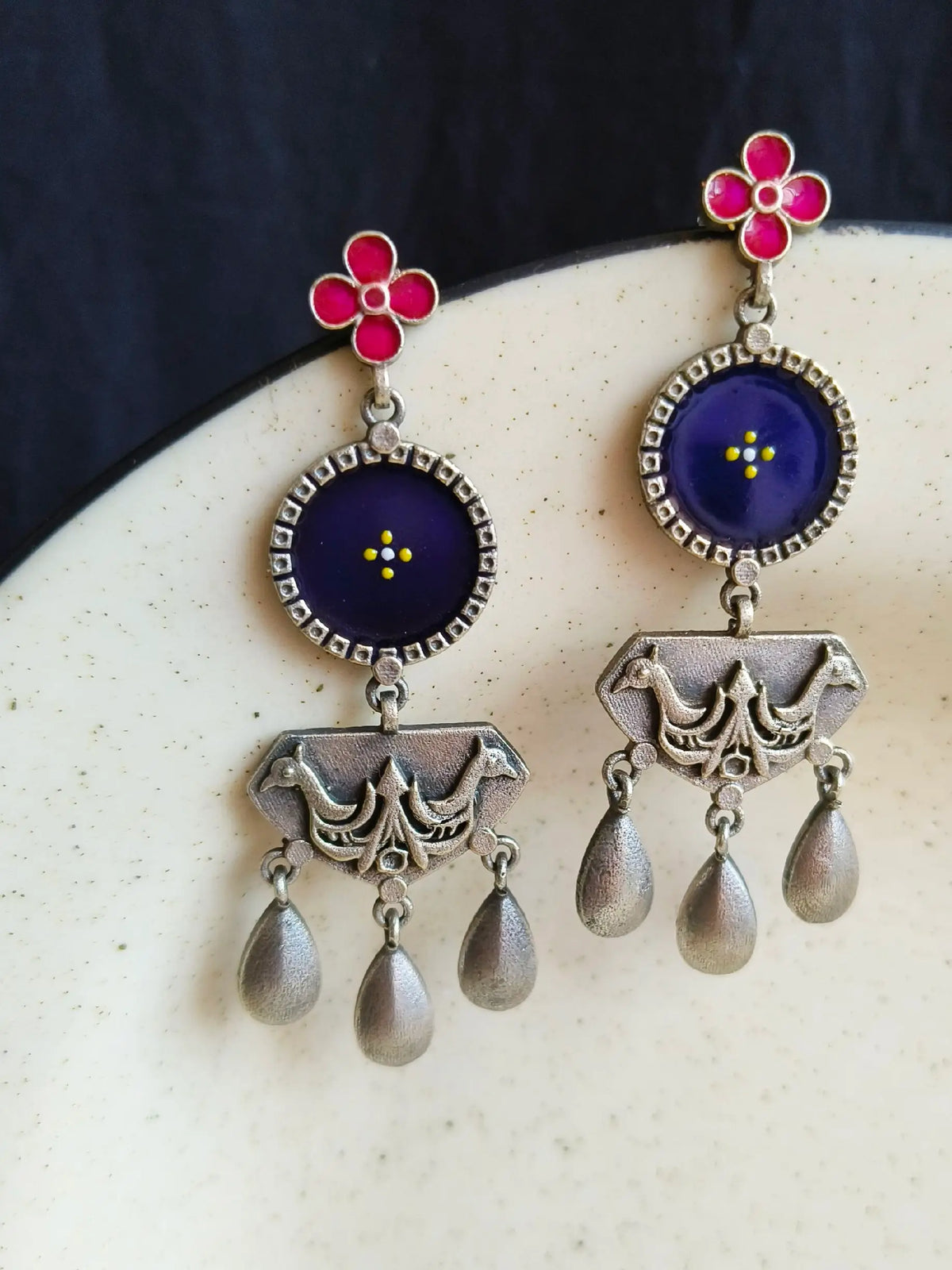 Silver Look-Alike Meenakari Hand-Painted Dangler Earrings – Festive Elegance | Dynamic Jewelove