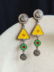 Trendy Silver-Tone Hand-Painted Enamel Dangler Earrings – 4-Line Charm | Dynamic Jewelove