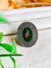 Silver Replica Enamel Hand-Painted Adjustable Oval Ring – Artistic Elegance | Dynamic Jewelove