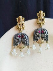 Divine Dual-Tone Goddess Dangler Earrings with Pearl Elegance | Dynamic Jewelove