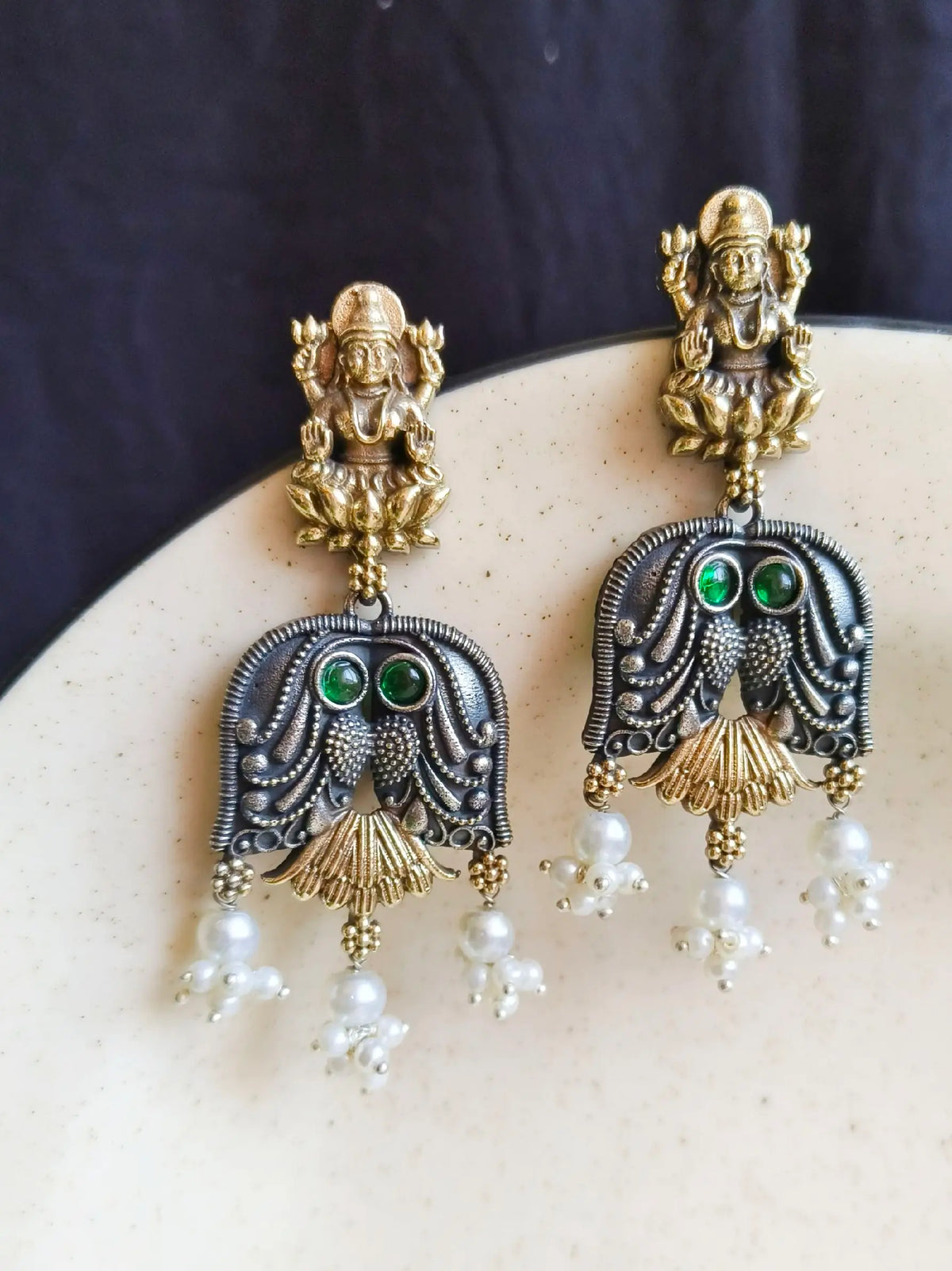 Divine Dual-Tone Goddess Dangler Earrings with Pearl Elegance | Dynamic Jewelove
