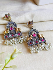 Traditional Two-Tone Oxidized Nandi Dangler Earrings for Grace | Dynamic Jewelove