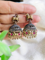 Festive Dual-Tone Oxidized Nandi Jhumka Earrings for Elegance | Dynamic Jewelove