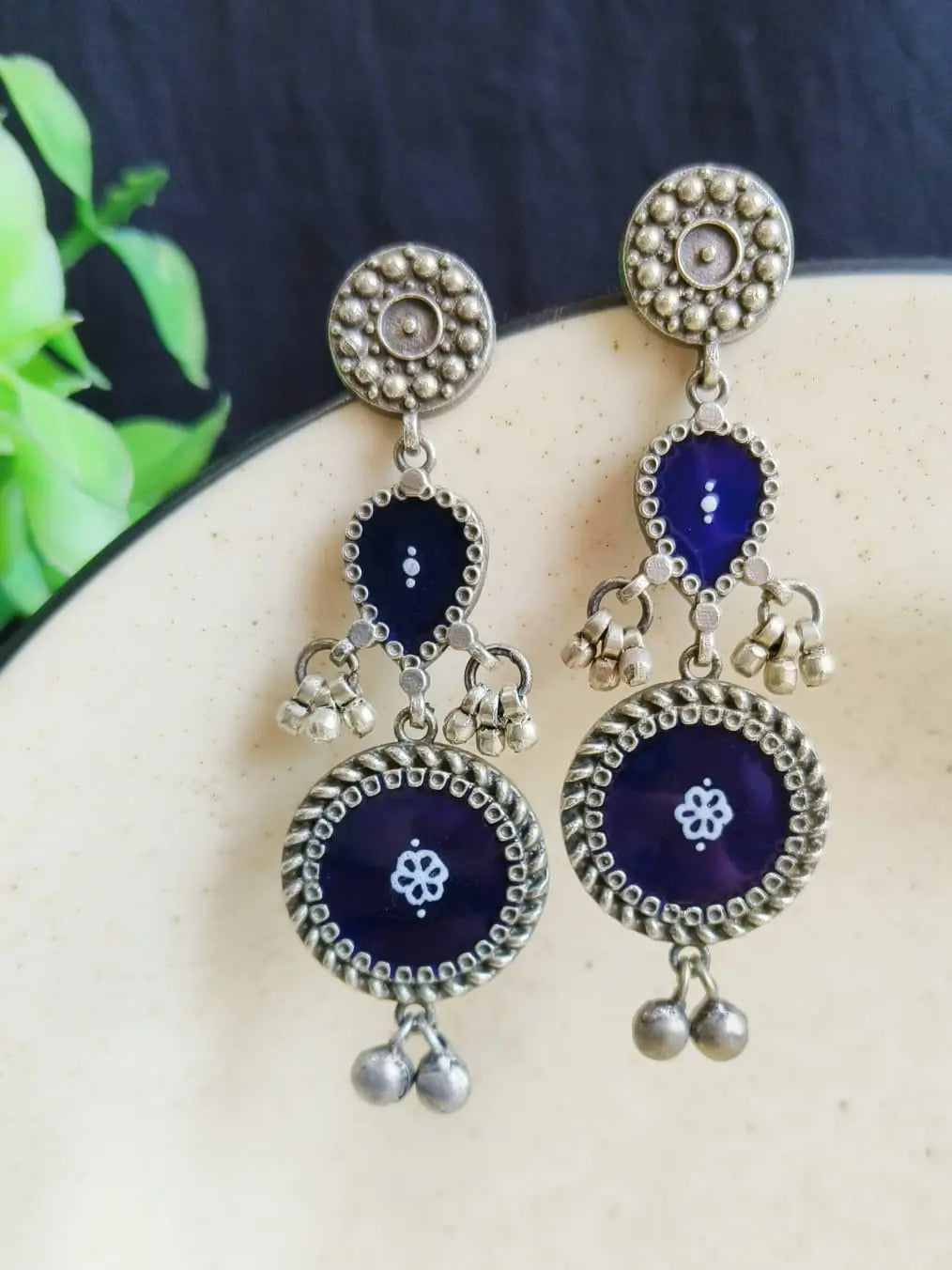 Silver Polish Hand-Painted Meenakari Dangler Earrings | Dynamic Jewelove