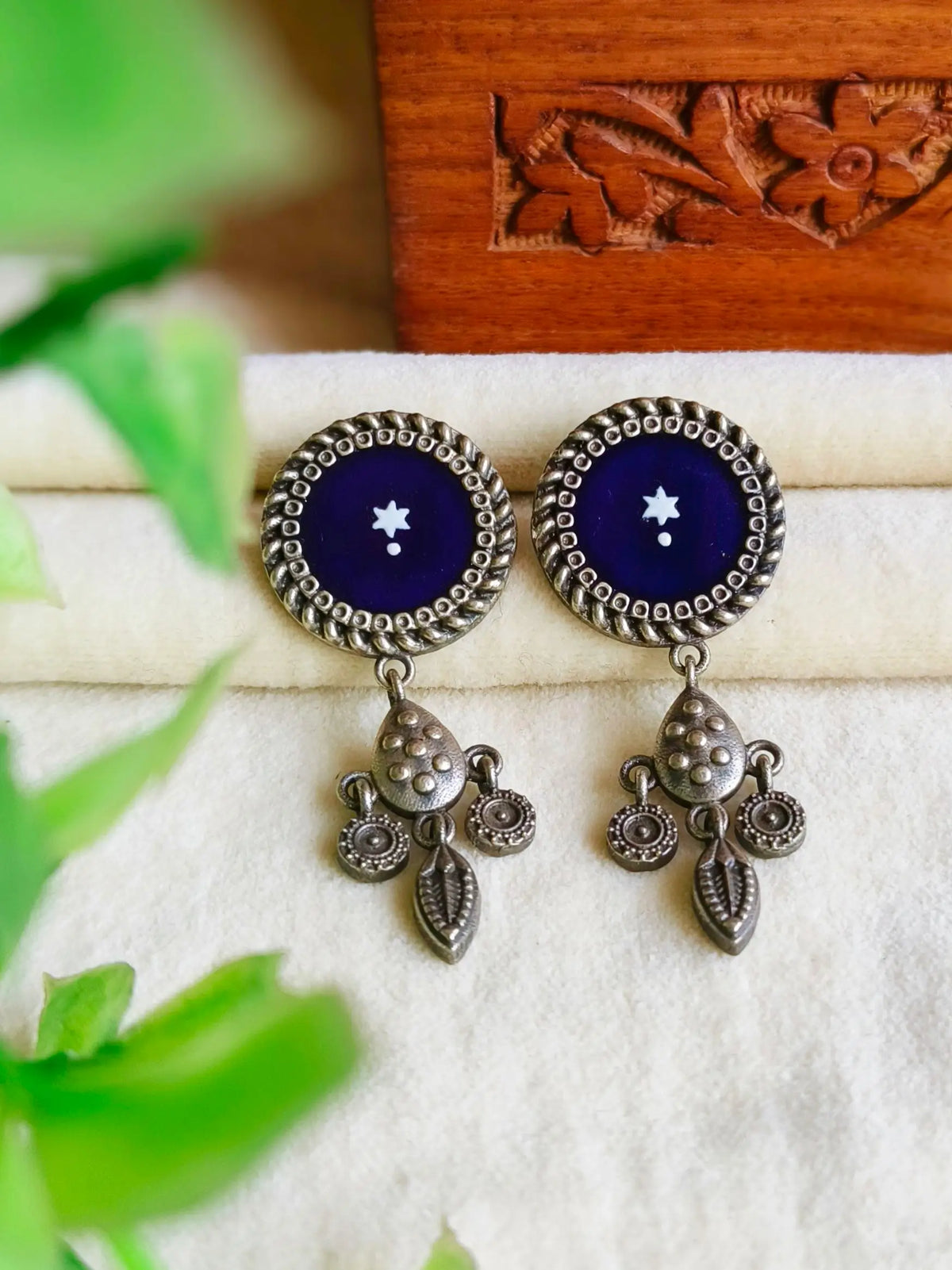 Handcrafted Oxidised Meenakari Round Dangler Earrings with Charm | Dynamic Jewelove