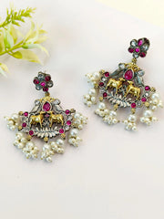 Antique Two-Tone Oxidised Ethnic Dangler Earrings with Intricate Design | Dynamic Jewelove