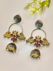 Elegant Dual-Tone Oxidised Jhumka with Pearls & Floral Design | Dynamic Jewelove