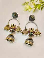 Elegant Dual-Tone Oxidised Jhumka with Pearls & Floral Design | Dynamic Jewelove