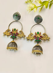 Elegant Dual-Tone Oxidised Jhumka with Pearls & Floral Design | Dynamic Jewelove