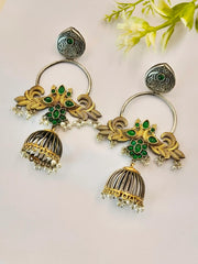 Elegant Dual-Tone Oxidised Jhumka with Pearls & Floral Design | Dynamic Jewelove