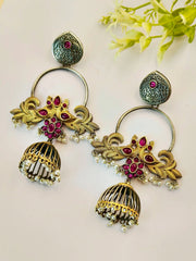 Elegant Dual-Tone Oxidised Jhumka with Pearls & Floral Design | Dynamic Jewelove