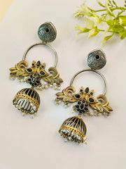 Elegant Dual-Tone Oxidised Jhumka with Pearls & Floral Design | Dynamic Jewelove