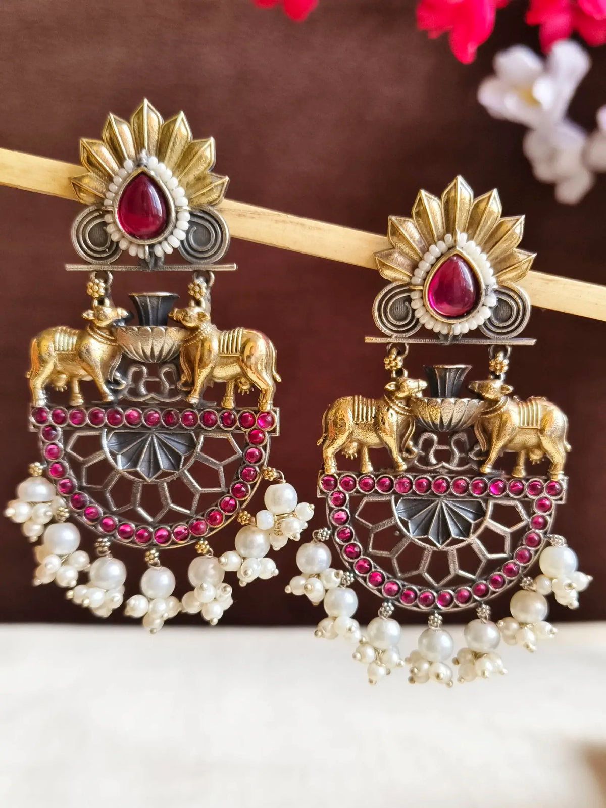 Dual-Tone Nandi Pearl Festive Danglers | Dynamic Jewelove