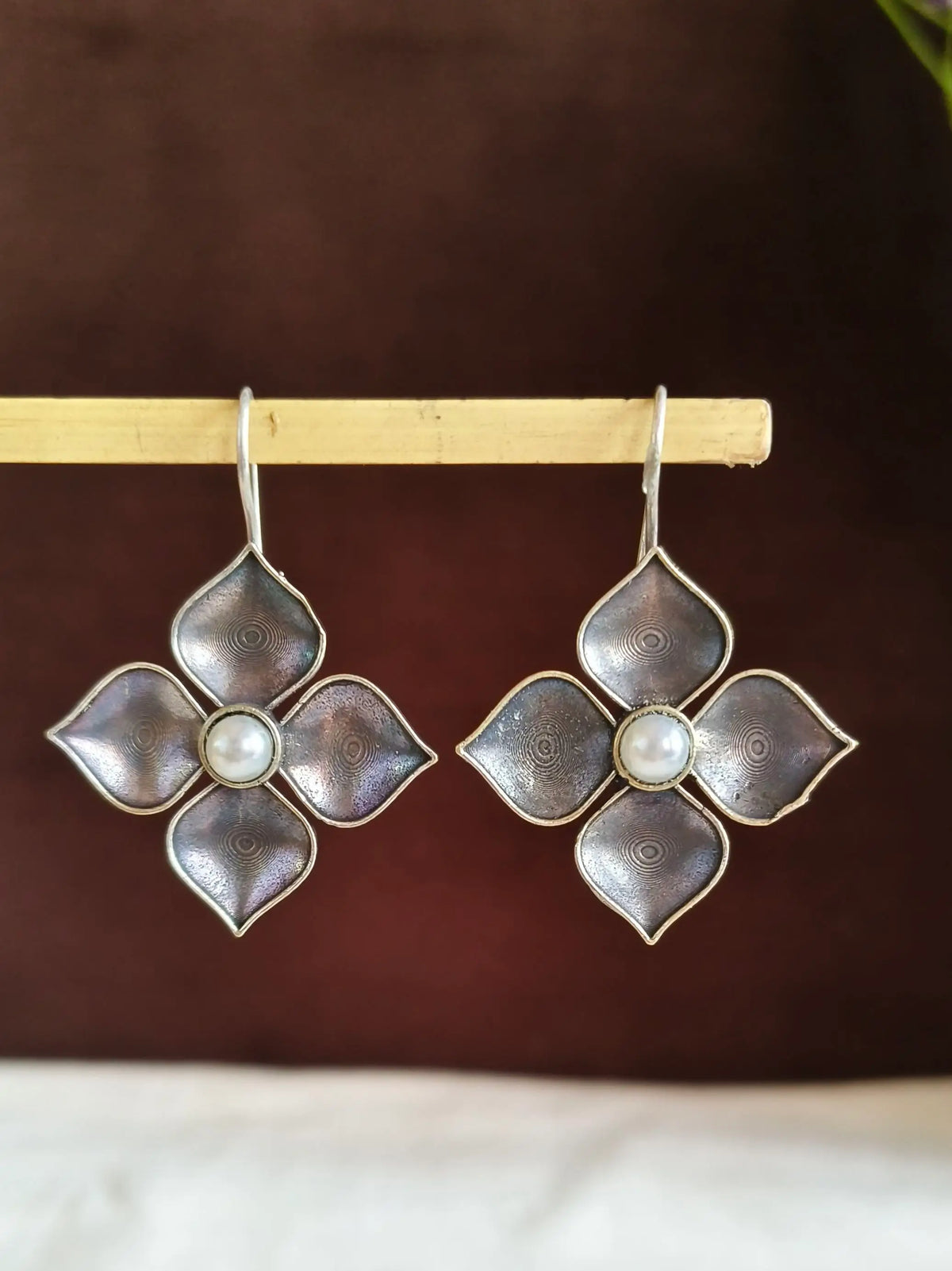 Oxidized Floral Pearl Drop Earrings | Dynamic Jewelove